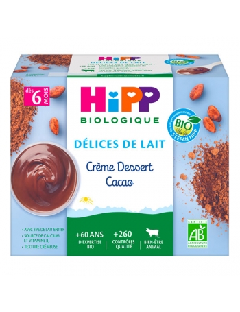 Délices de Lait Crème Dessert Cacao (Dès 6 mois) - Le pack de 4 coupelles - Hipp Biologique