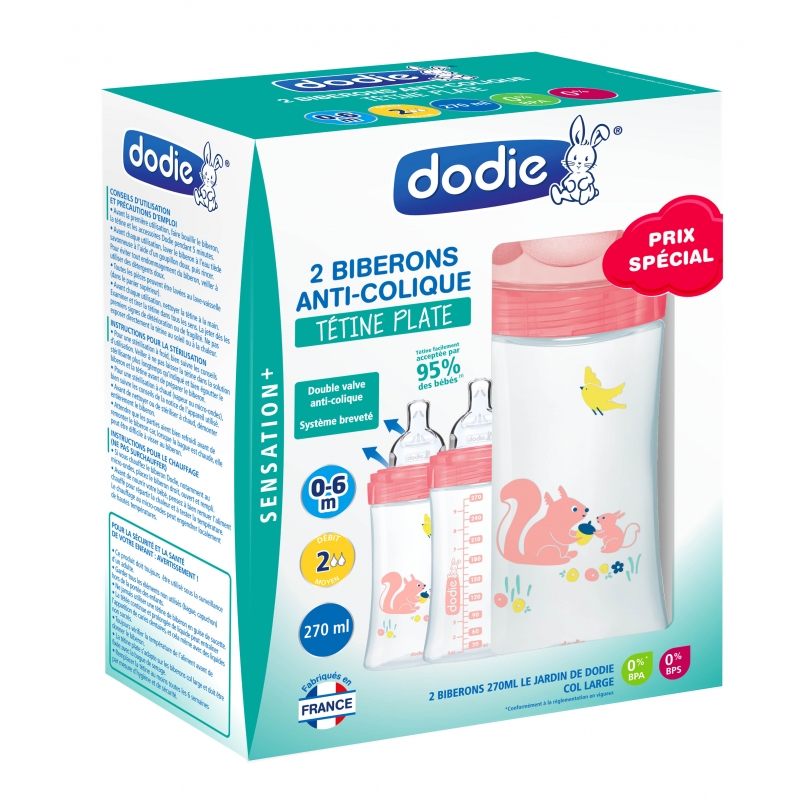 Dodie Biberon Anti-Colique Sensation+, Tétine Plate, Débit 3, 6 Mois, Rose  Jardin, 330 ml, 1 Unité 3700763536613
