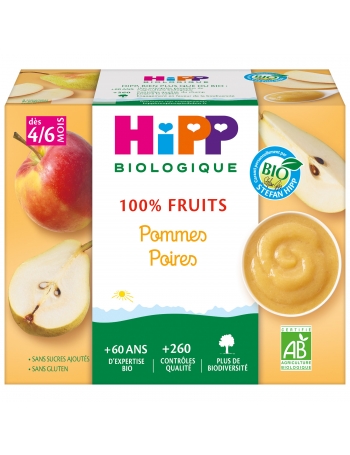 100% Fruits Pommes Poires (Dès 4/6 mois) - 1 pack de 4 coupelles - Hipp Biologique