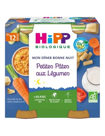 Mon Dîner Bonne Nuit Petites Pâtes aux Légumes (dès 12 mois) - 2 Pots de 250 g - Hipp Biologique