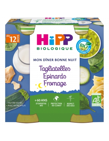 Mon Dîner Bonne Nuit Tagliatelles Epinards Fromage (Dès 12 mois) - 2 Pots - Hipp Biologique