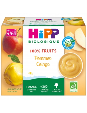 100% Fruits Pommes Coings (Dès 4/6 mois) - 1 pack de 4 coupelles - Hipp Biologique