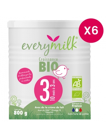 Lait infantile Bio everymilk 3 croissance de 10 mois à 3 ans - lot de 6 boîtes